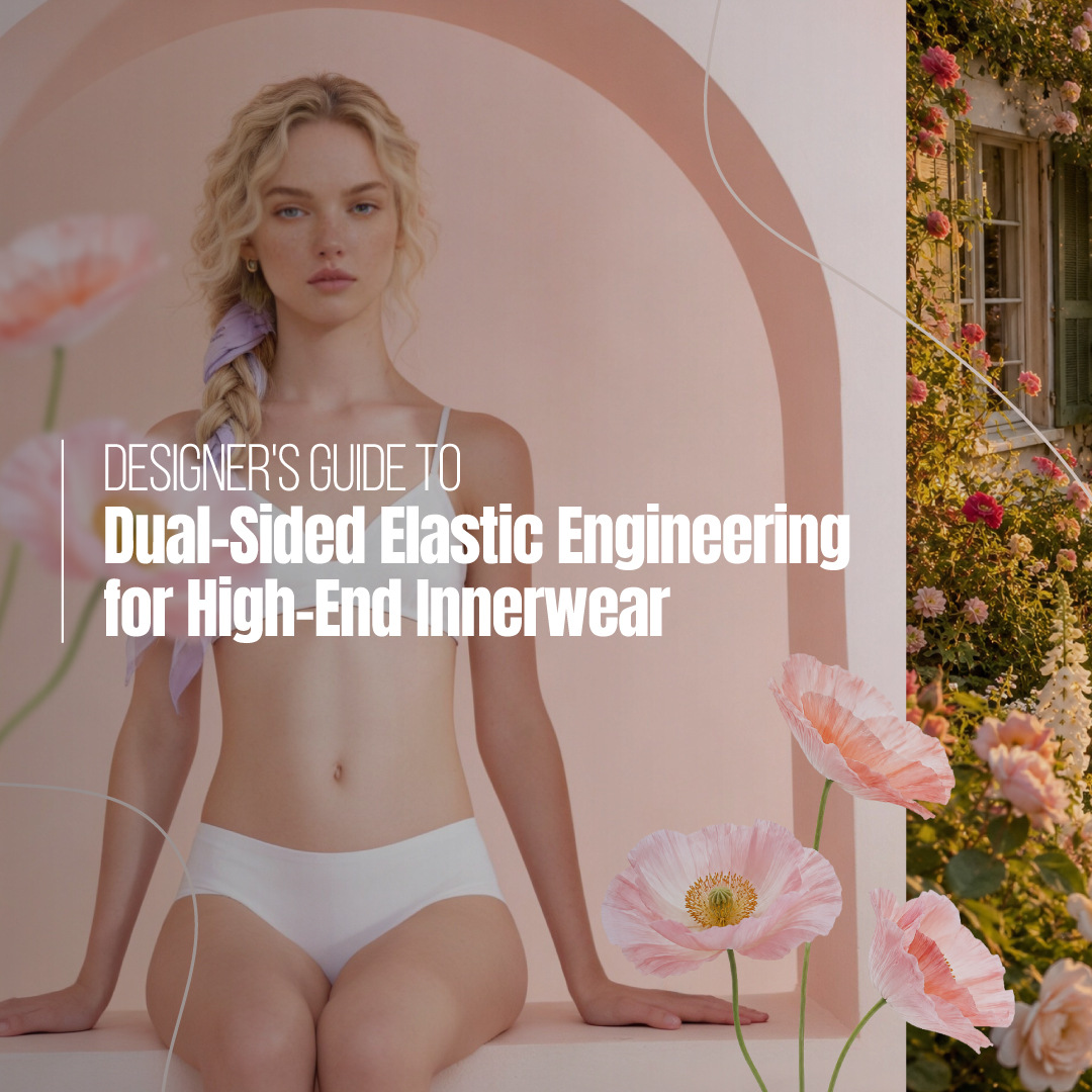 A female model wearing white seamless underwear sits on a pink arched step, adorned with pink poppy flowers, with an outdoor garden full of blooming flowers and a lake view in the background on the right.
