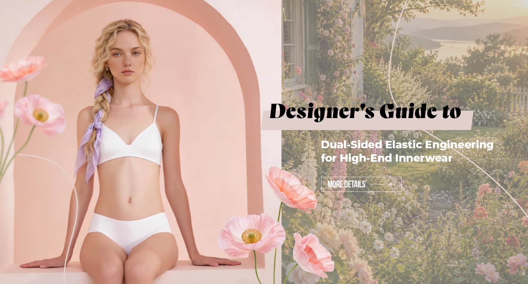 Designer's guide to dual-sided elastic engineering for high-end innerwear – model wearing white luxury lingerie set in soft pink aesthetic studio