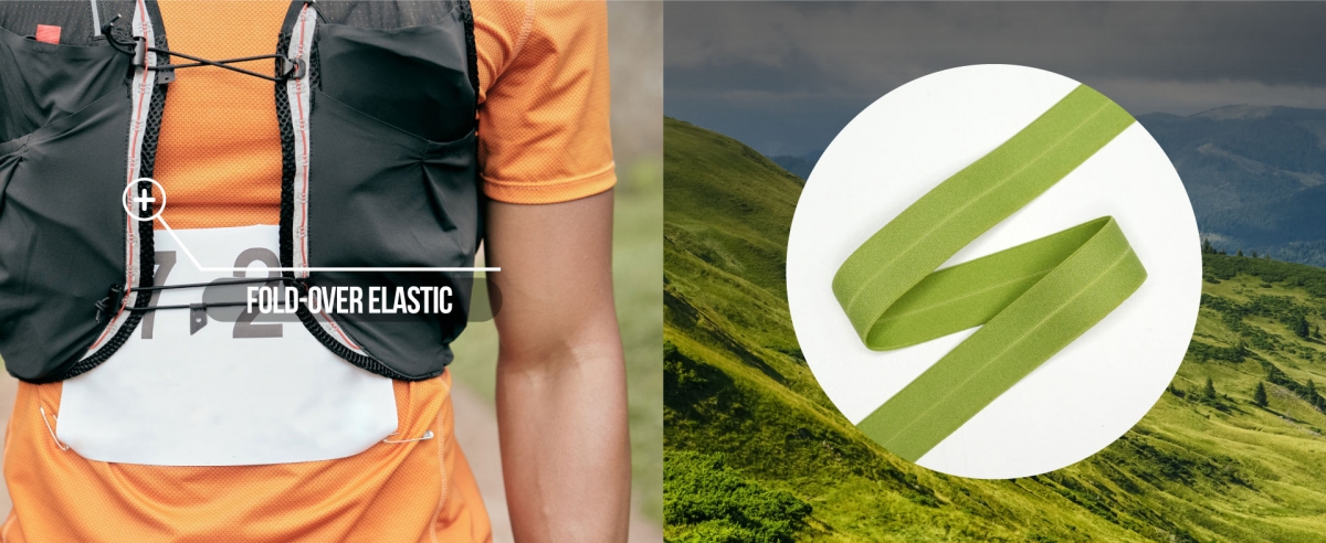 Sports Vests: Bright orange fold-over elastic is used on side seams and areas connecting buckles, providing both structural integrity and a pop of high-visibility color.